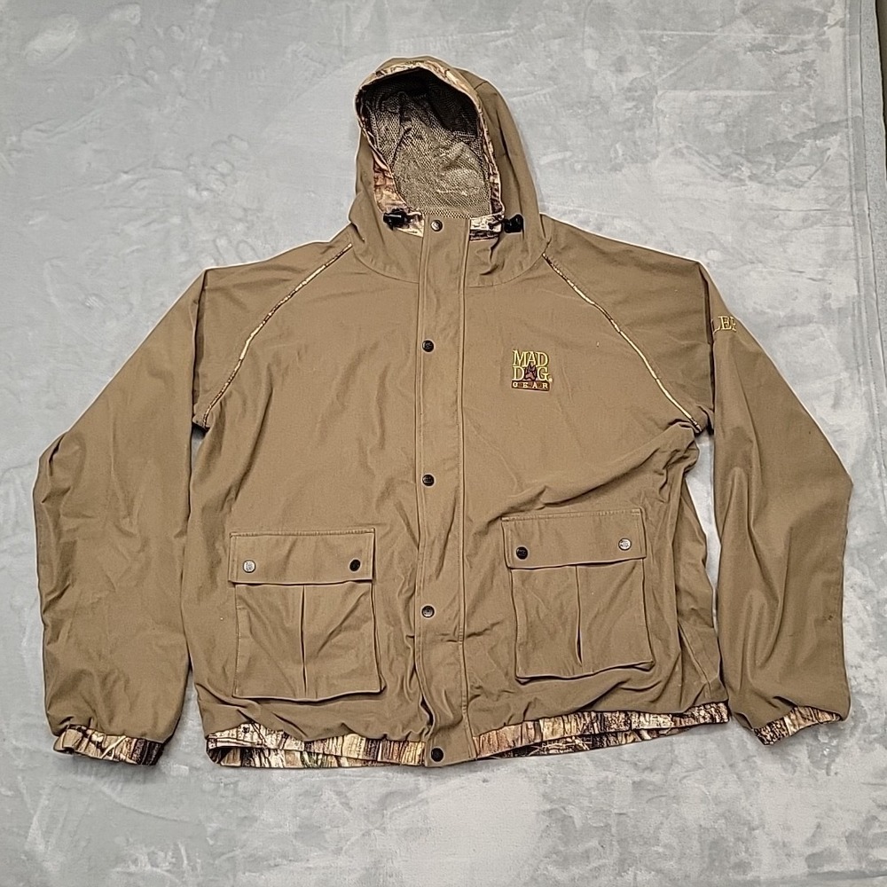 Mad Dog Gear Jacket Mens XL Brown Growler H485 Camo Trim Hunting Hooded Full Zip
